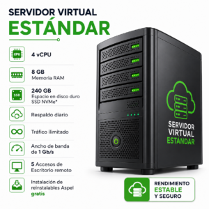 Servidor Virtual ESTÁNDAR para empresas con 4 vCPU, 8 GB de RAM y 5 accesos remotos