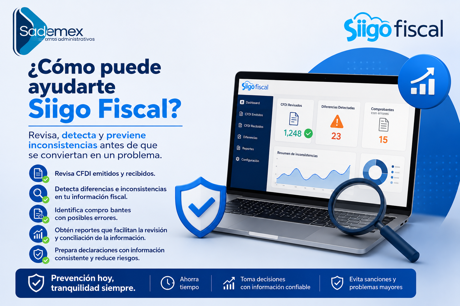 ¿Cómo ayuda Siigo Fiscal? Plataforma que revisa CFDI, detecta inconsistencias fiscales, identifica posibles errores y facilita el cumplimiento de las obligaciones ante el SAT.